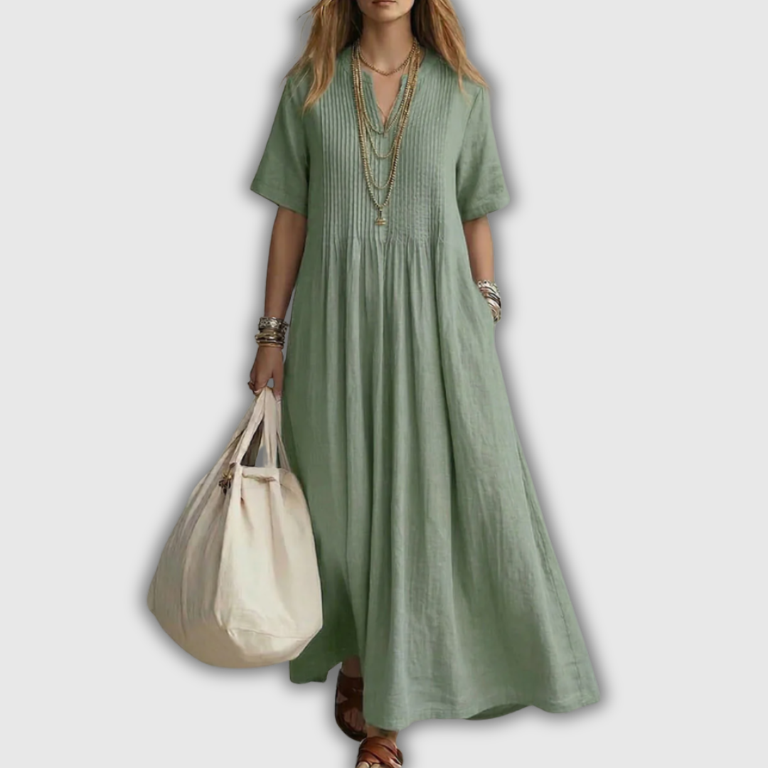 Elowen | Pintuck V-Neck Linen Maxi Dress