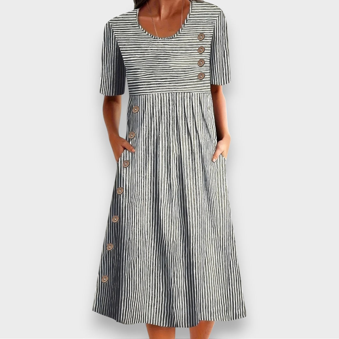 Cecily | Striped Midi Dress with Button Details and Pockets