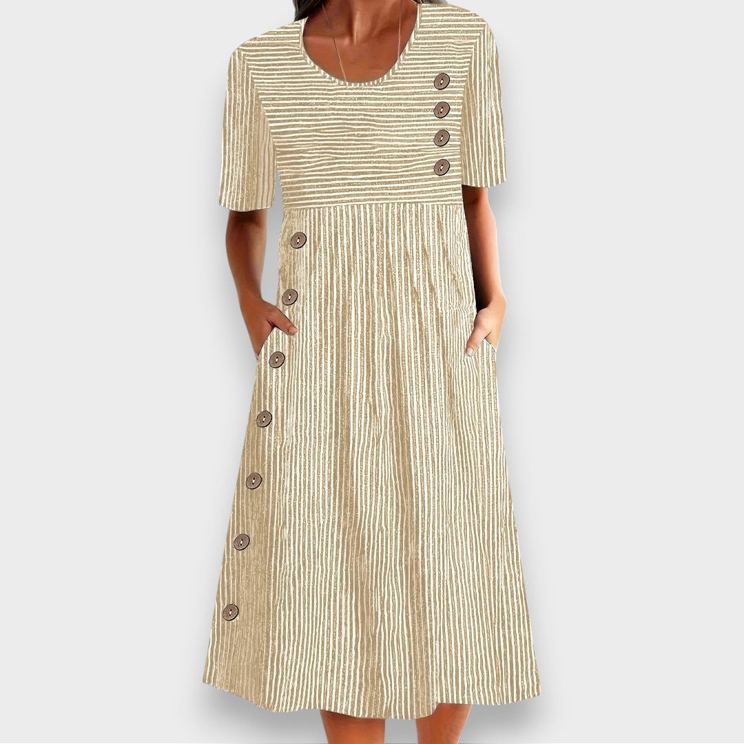 Cecily | Striped Midi Dress with Button Details and Pockets