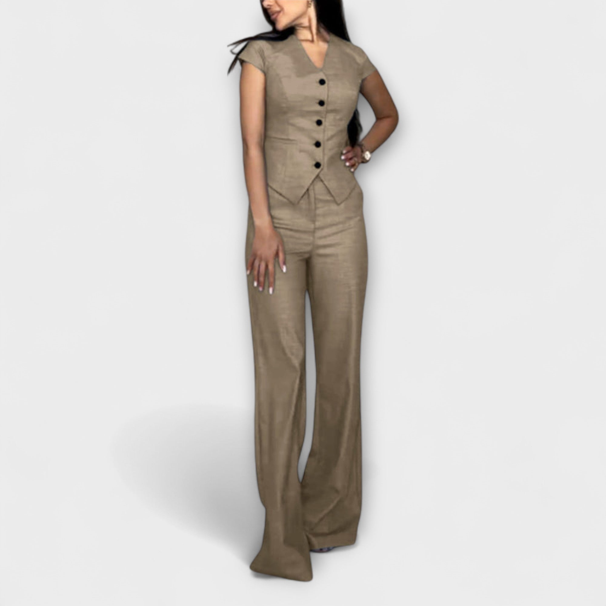 Ivy - Elegants V-veida kakla tops un bikses komplekts