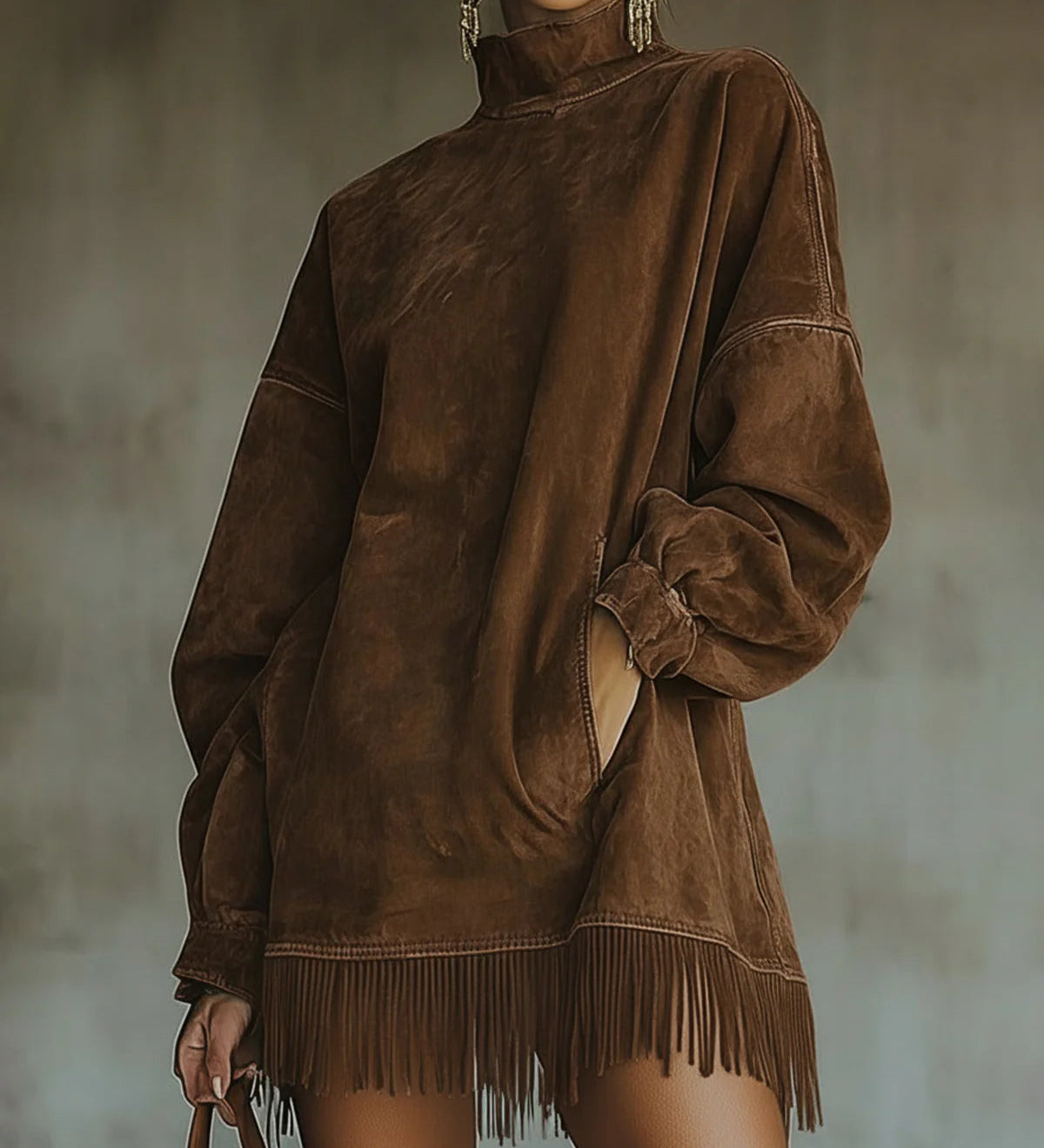 Savana Fringe™ | Vintage Suede Turtleneck Mini Dress