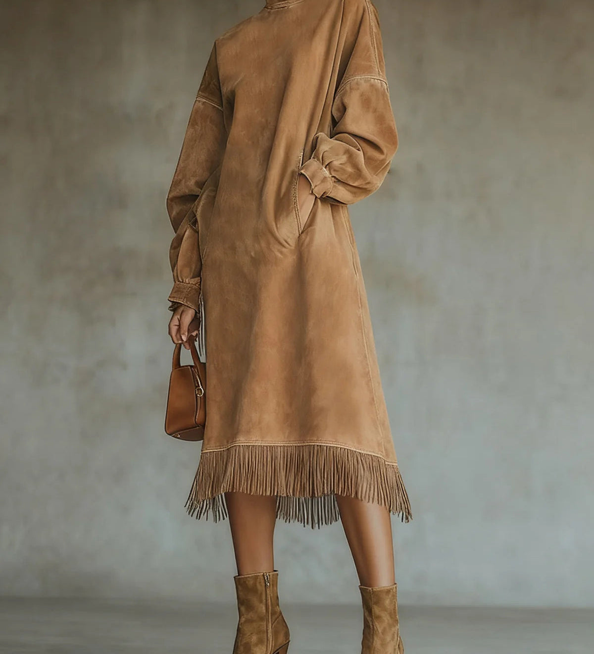 Aurelia Fringe™ | Vintage Suede Augsta Kakla Midi Dress