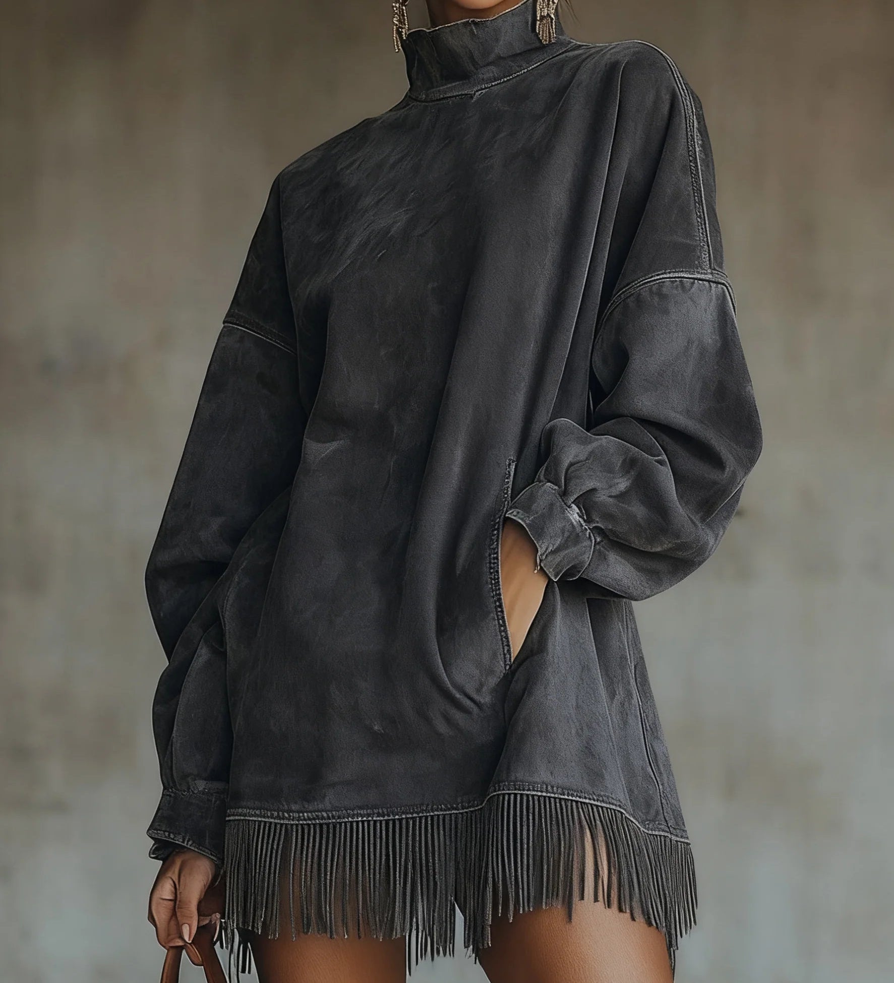 Savana Fringe™ | Vintage Suede Turtleneck Mini Dress