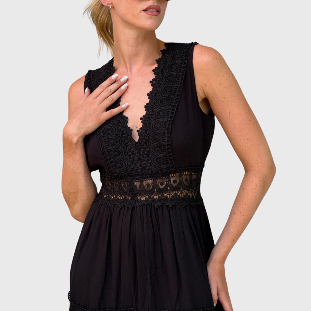 Ninfea | Boho stilā midi kleita bez piedurknēm ar mežģīņu akcentiem