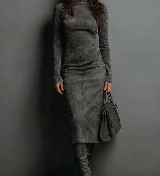 Marcelle Luxe™ | Suede Turtleneck Midi Dress with Contours
